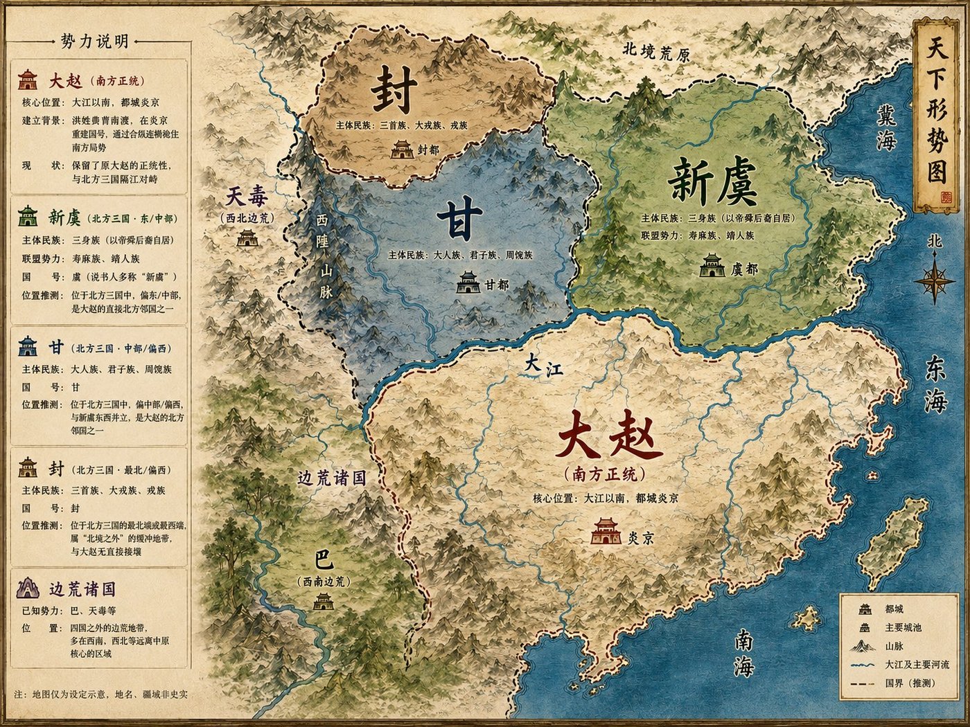 剑烛大荒 天下形势图 - 大赵、新虞、甘、封四国格局